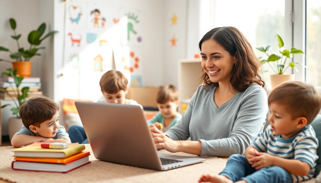 Single parent engaging in side hustles for single parents at home office, surrounded by playful children.