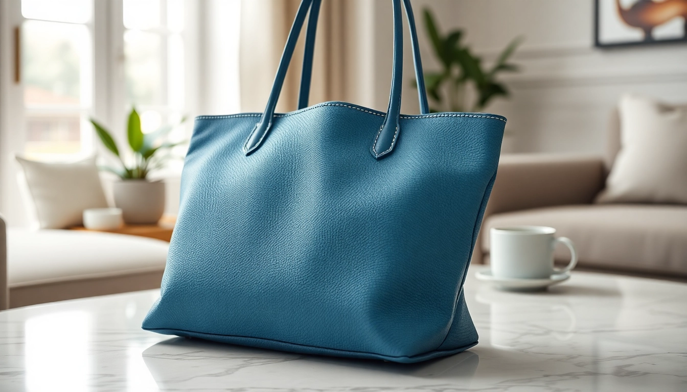 Stylish Tote bag featuring intricate stitching on a marble coffee table