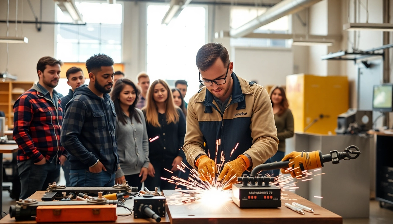 Students learning at trade schools in southern California with hands-on training in a vibrant setting.