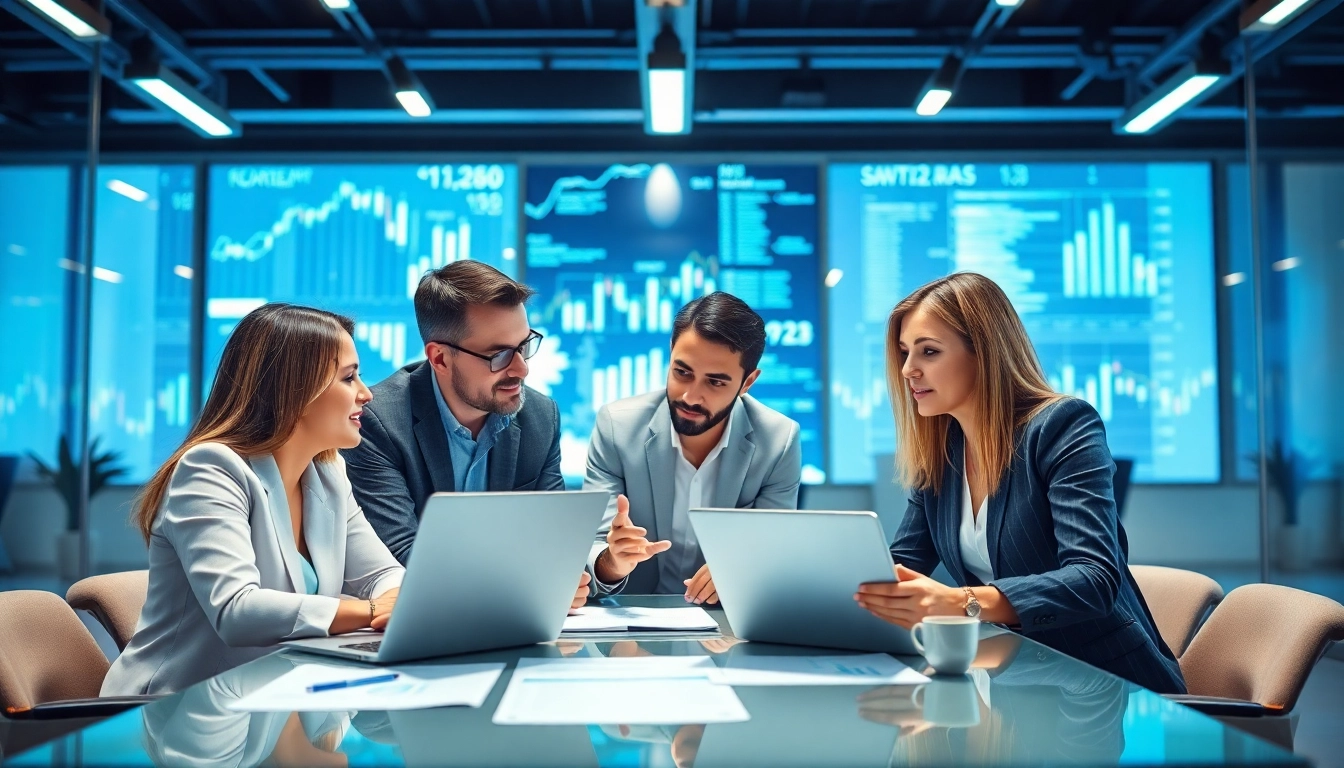 Claymore Partners' team of financial analysts collaborating on strategies in a modern office.