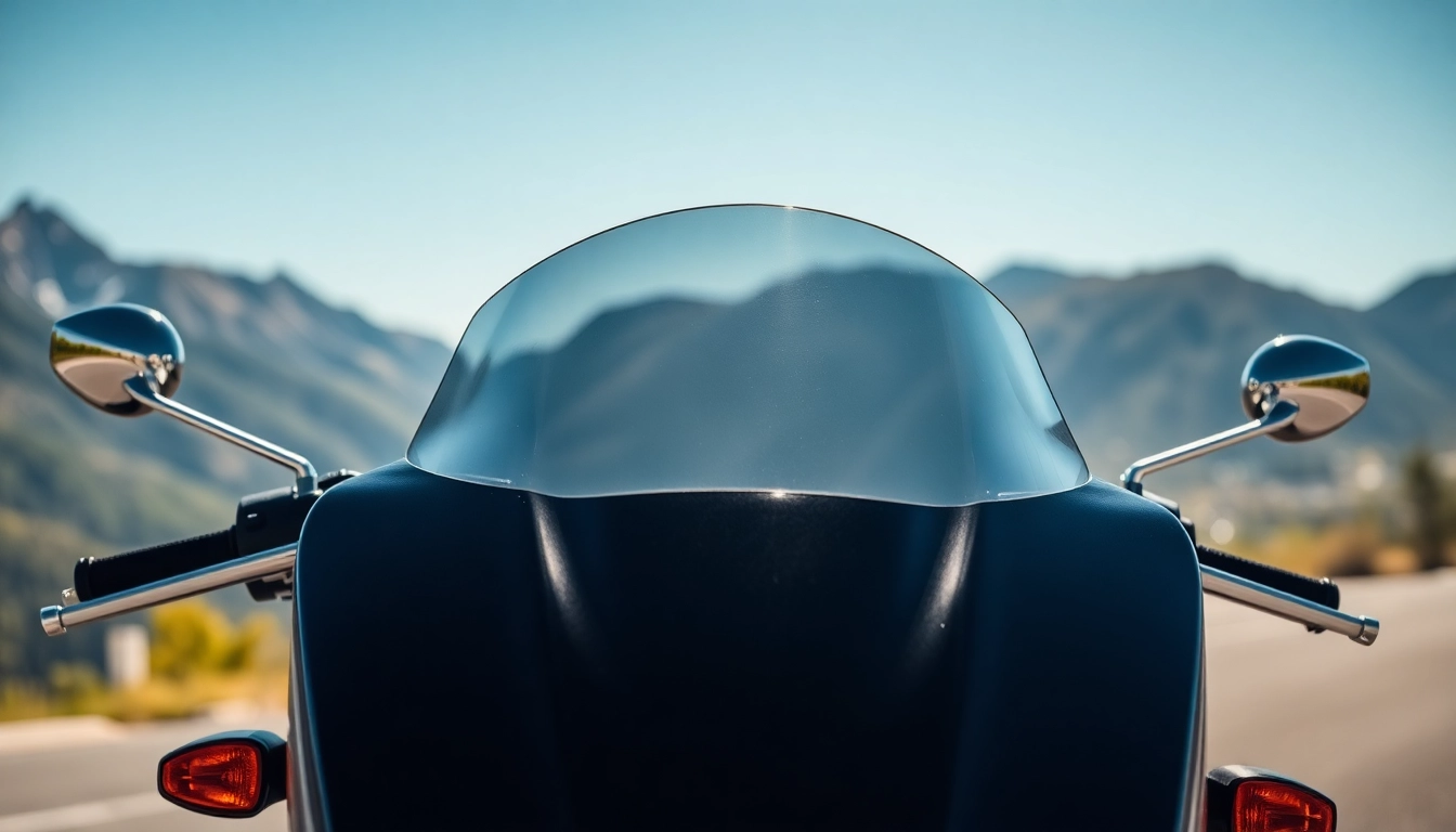 Showcasing durable motorcycle windshields on a sleek cruiser against a scenic backdrop.