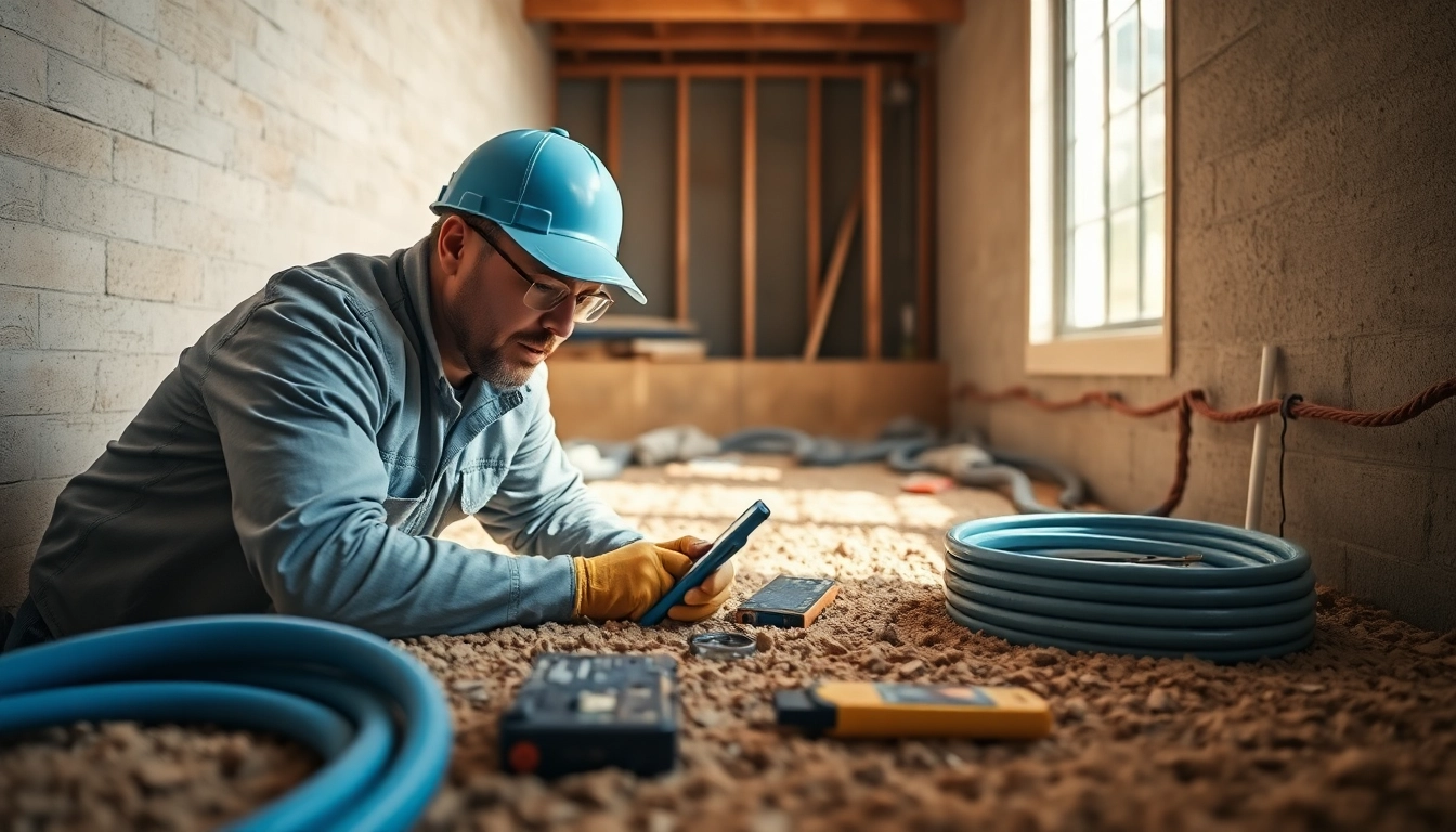 Inspecting basement waterproofing by a basement sealing company near me geneva technician.