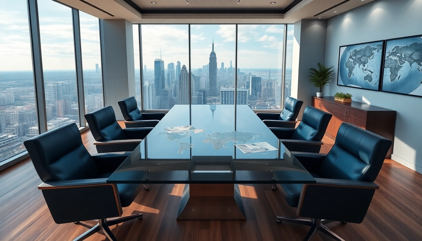 Collaborate in a luxurious office designed for international real estate companies with a city skyline view.