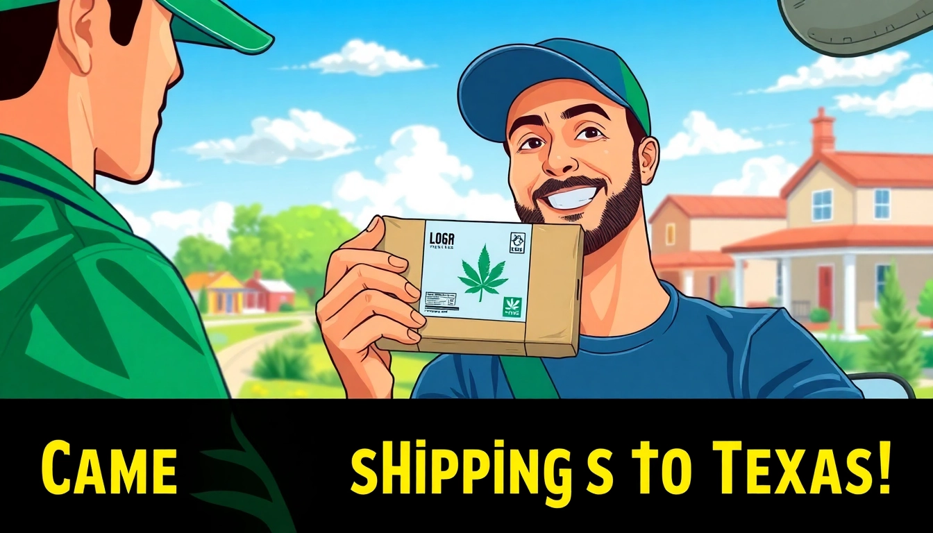 Cannabis Shipping to Texas represented by a delivery driver holding a package in a bright, Texan landscape.