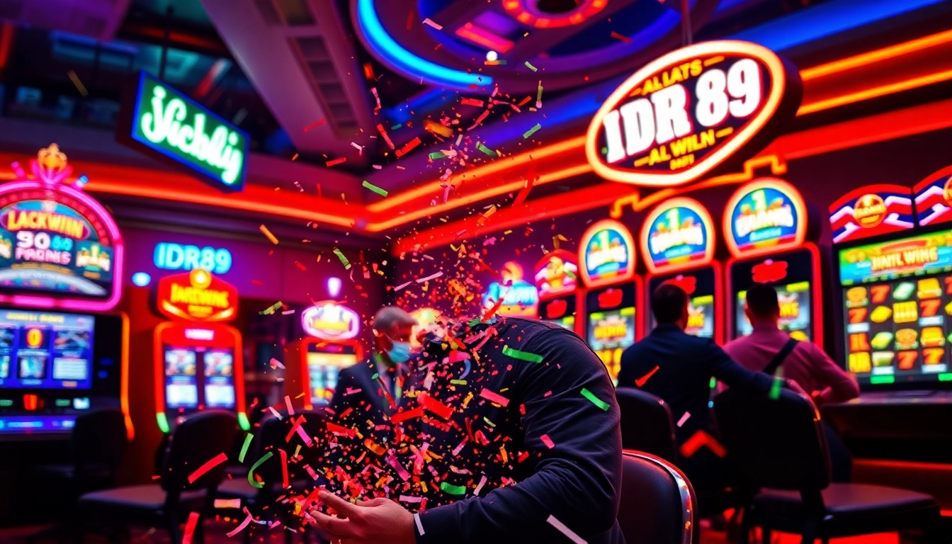 Memenangkan jackpot di IDR89 dengan latar belakang kasino yang cerah dan slot mesin.