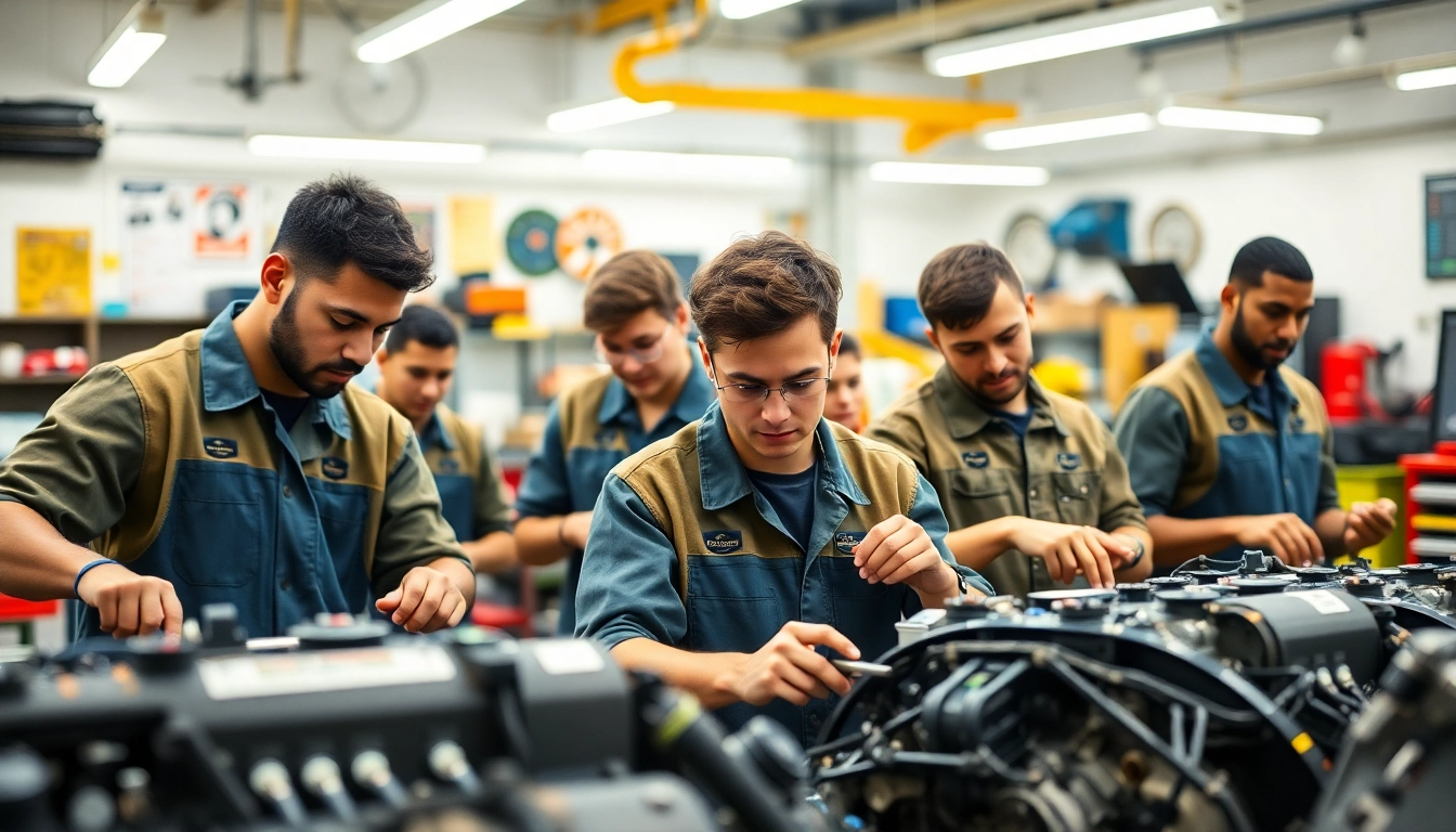 Trade school Tennessee students collaborating on hands-on automotive training in a vibrant workshop.