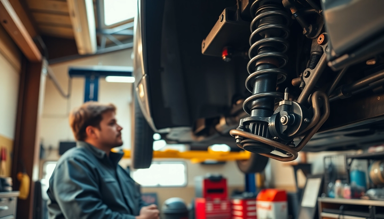 Un mecánico especializado en la instalación de una taller suspension en un vehículo con herramientas visibles.