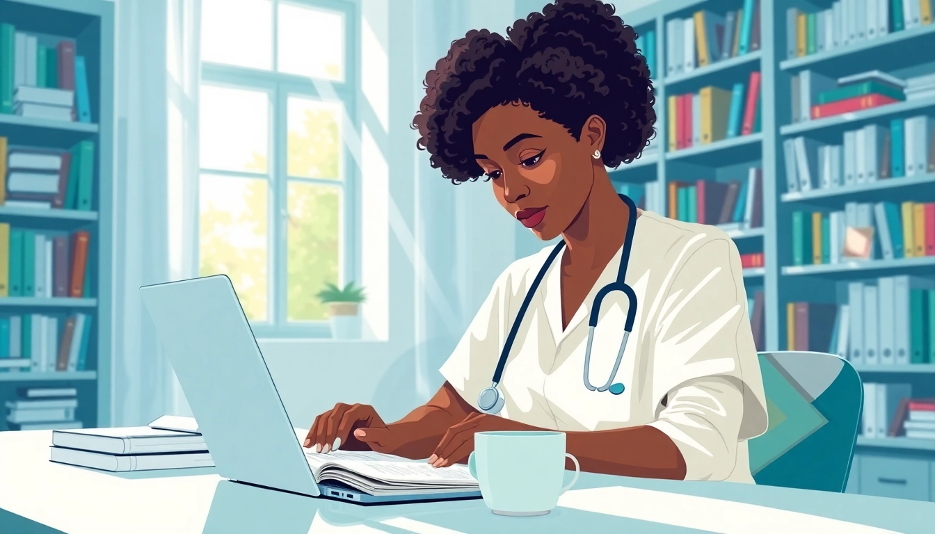 Nurse focused on her nursing ceus studies in a bright office, surrounded by books and notes.