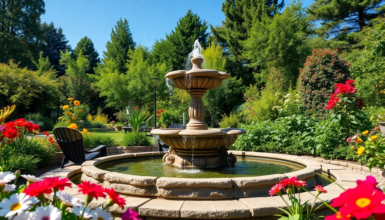 Gartenbrunnen aus Stein sprudelt im malerischen Garten, umgeben von bunten Blumen.