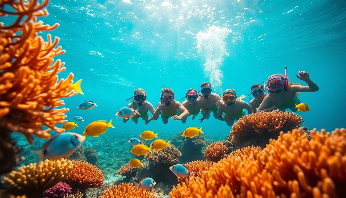 Snorkeling Puerto Rico: Enthusiastic snorkelers amidst a vibrant coral reef filled with tropical fish.