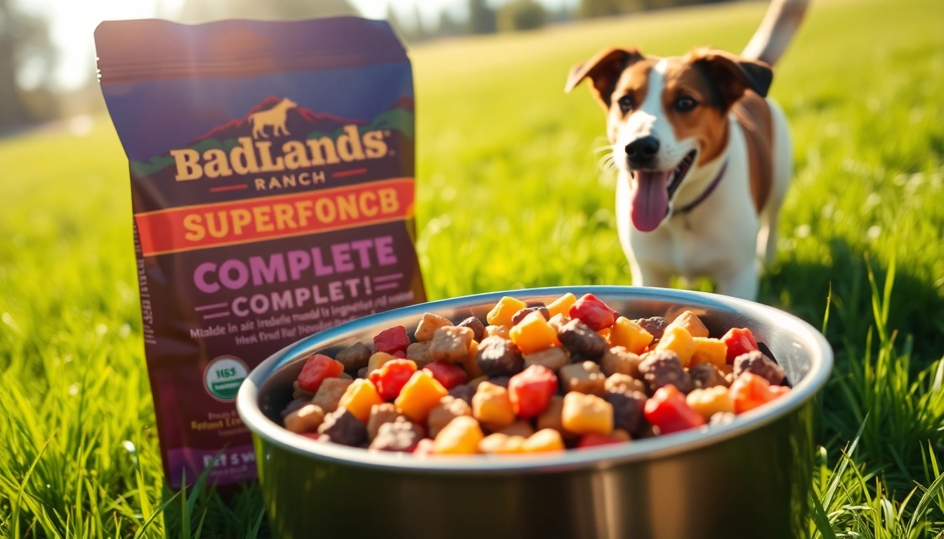 Dog feeding with badlands ranch superfood complete, featuring vibrant ingredients and a happy pet.