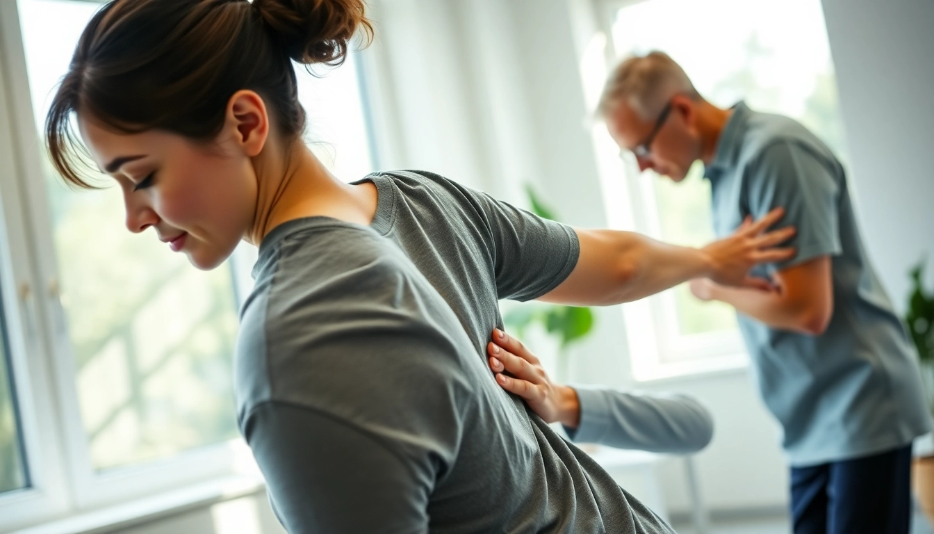Ein Physiotherapeut hilft einem Patienten bei Rückenschmerzen mit gezielten Übungen im modernen Kliniksetting.