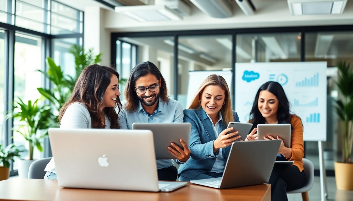 Collaborative team working on ERP on Salesforce strategy in a bright office environment.
