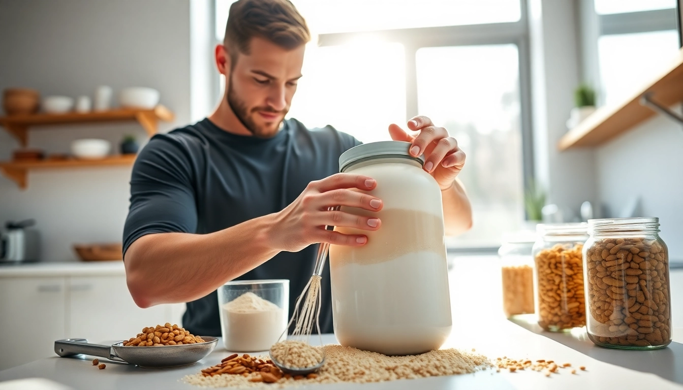Protein tozu karıştıran bir sporcu, sağlıklı bir yaşam tarzını simgeliyor.
