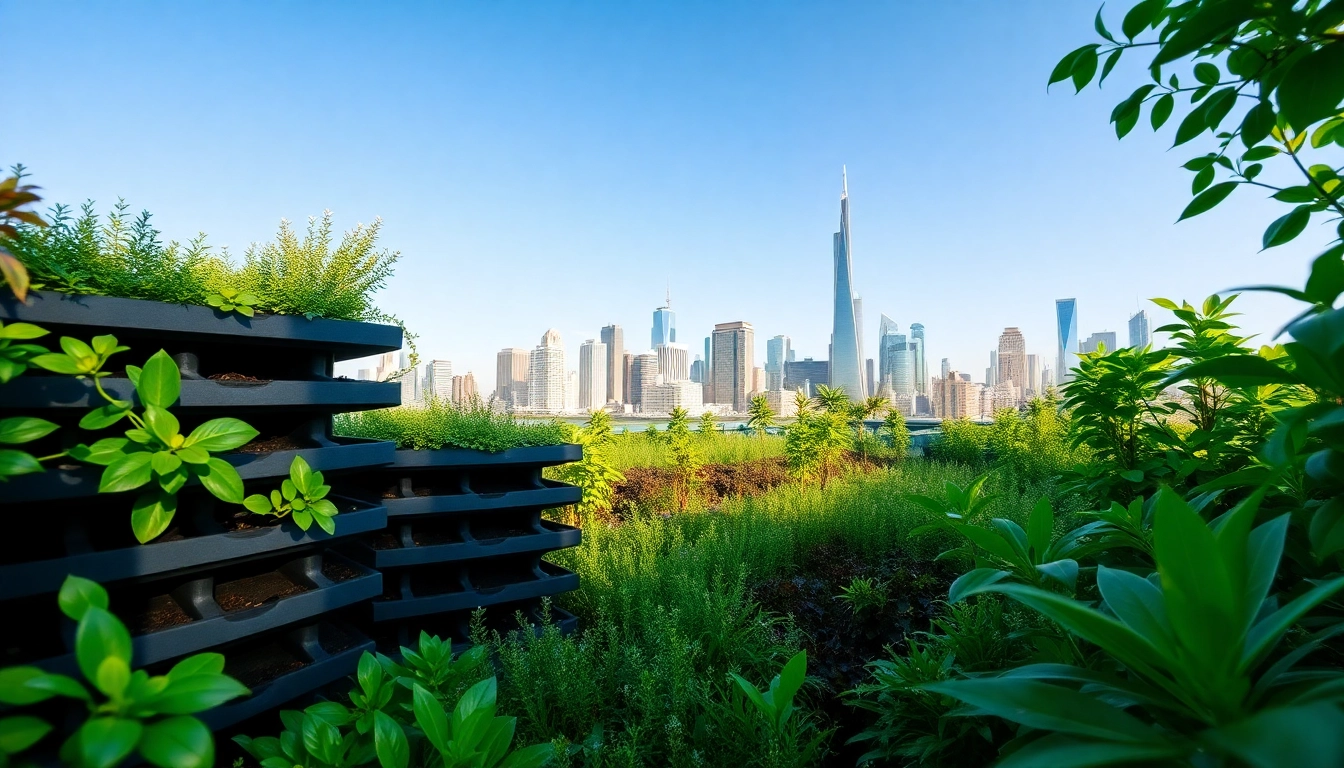 Showcasing Green Roof Modules with lush greenery against a modern city backdrop.