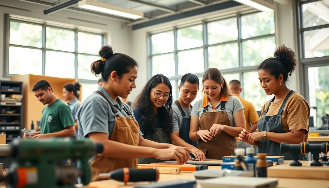 Trade schools in Hawaii students collaborating in a bright classroom during hands-on training.