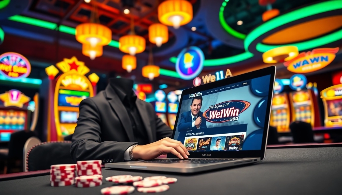 Gambler exploring online games at We1Win casino with vibrant casino environment.
