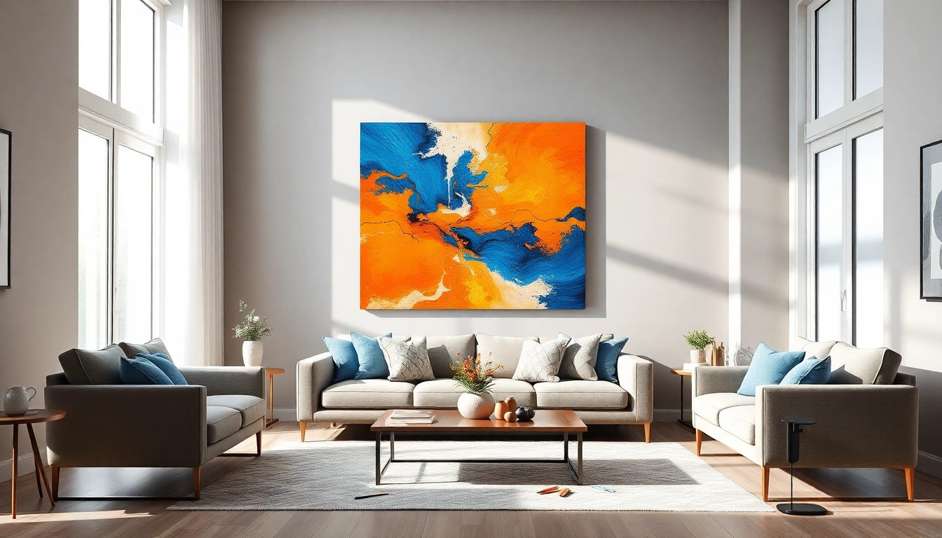 Showcase of canvas paintings in an elegant living room featuring abstract art and vibrant colors.