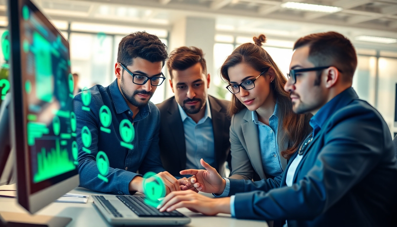 Cyber Essentials professionals evaluating cybersecurity metrics in a modern office.