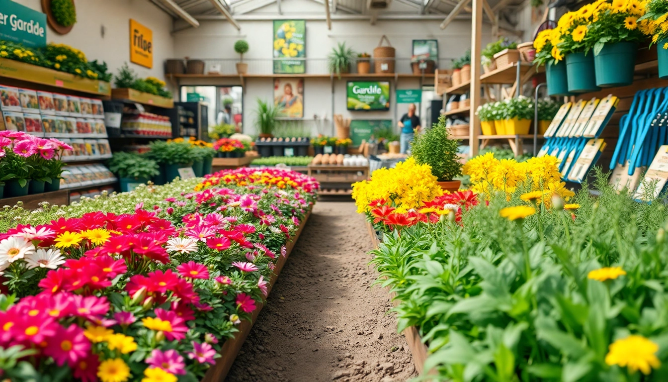 Showcasing a vibrant Grow A Garden Shop with colorful plants and gardening tools.