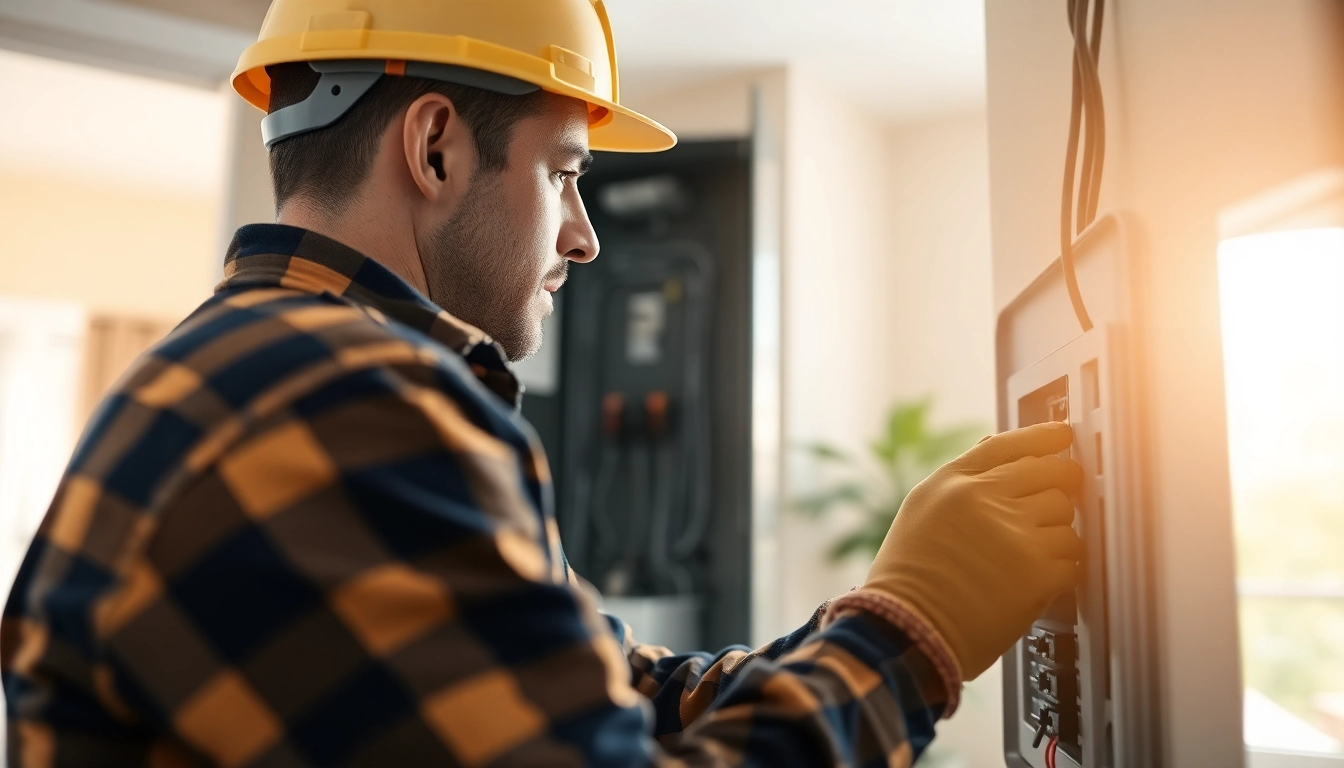 Electrician examining a circuit panel in a clean workspace, showcasing professionalism and attention to detail.