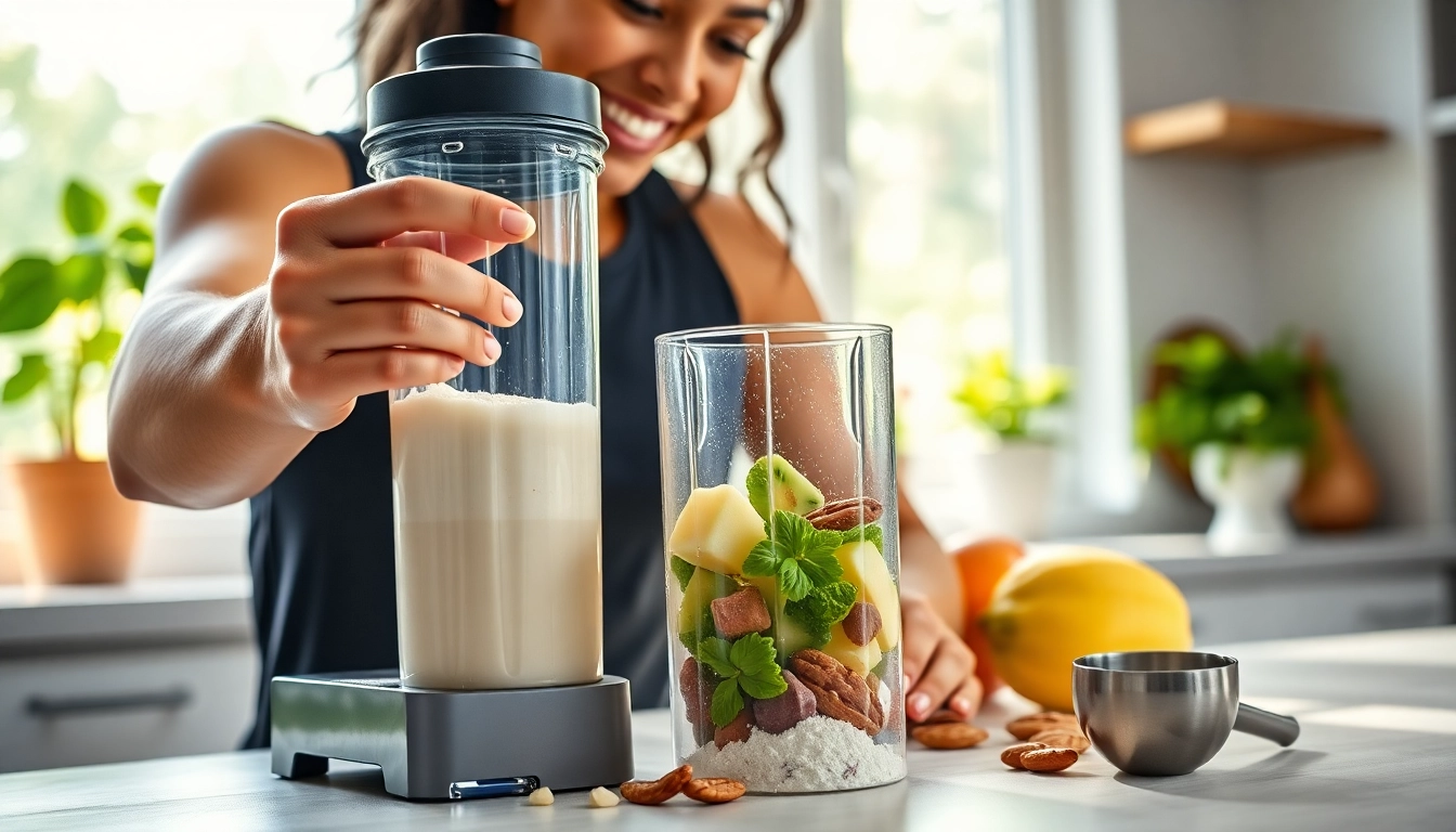 Mixing protein powder with fresh ingredients in a bright kitchen for a nutritious shake.