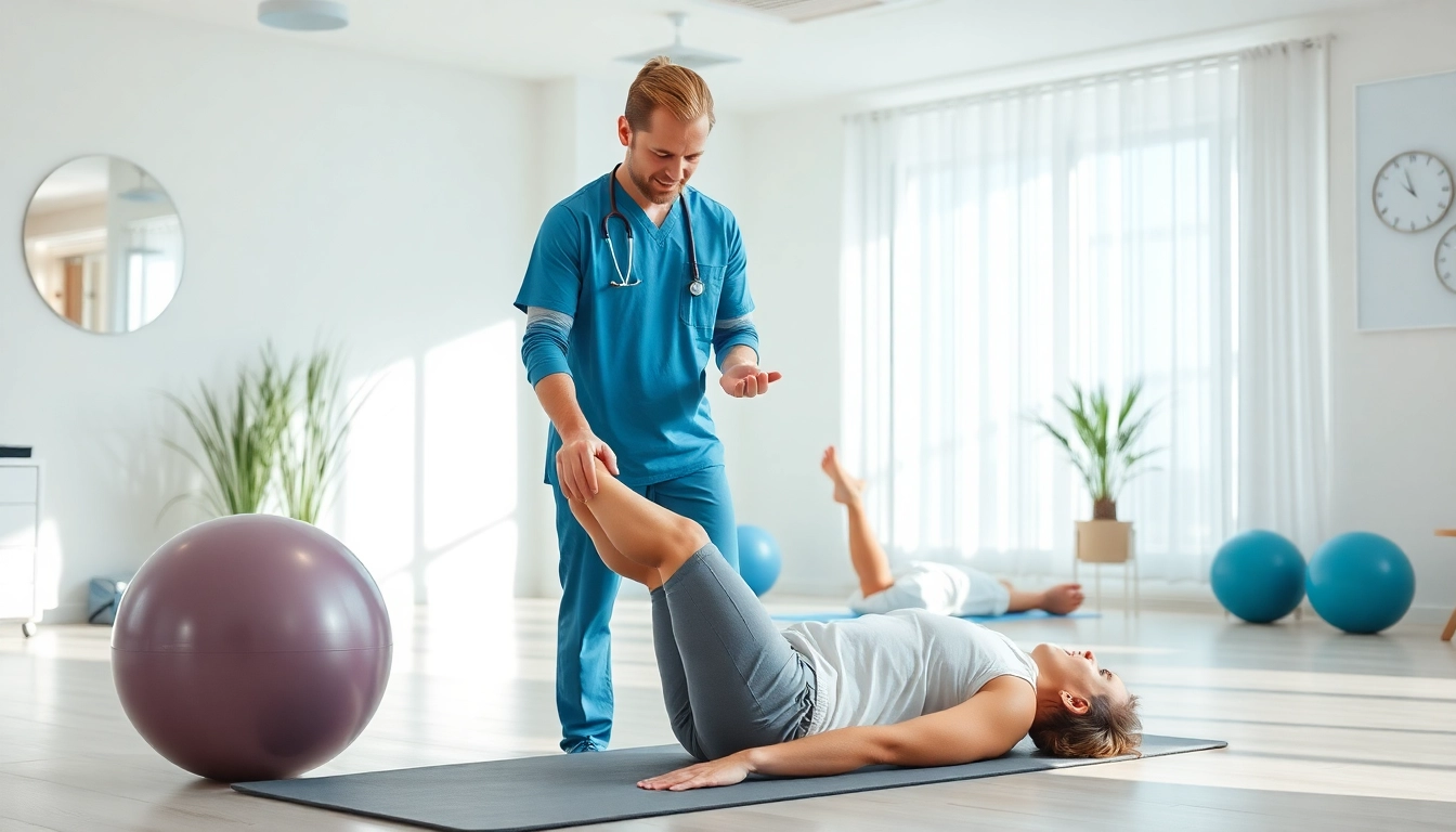 Formation de kinésithérapie dans une clinique moderne où un kinésithérapeute aide un patient.