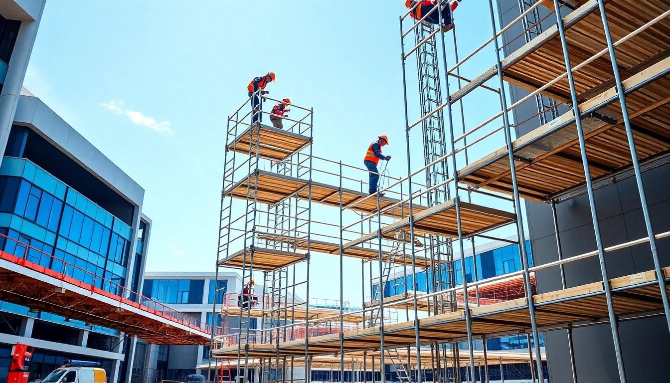 Workers engaging with Whangarei scaffolding during a busy construction day, showcasing safety and professionalism.