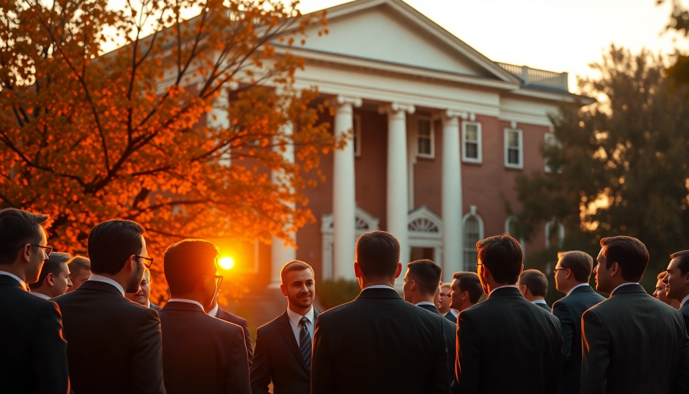 Group of young men discussing fraternity culture at the most deadly fraternity house during sunset.