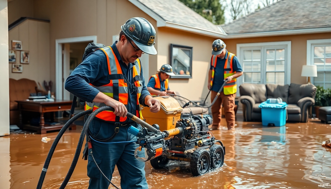 Restoration team engaged in disaster restoration work at a flooded home, showcasing recovery efforts.