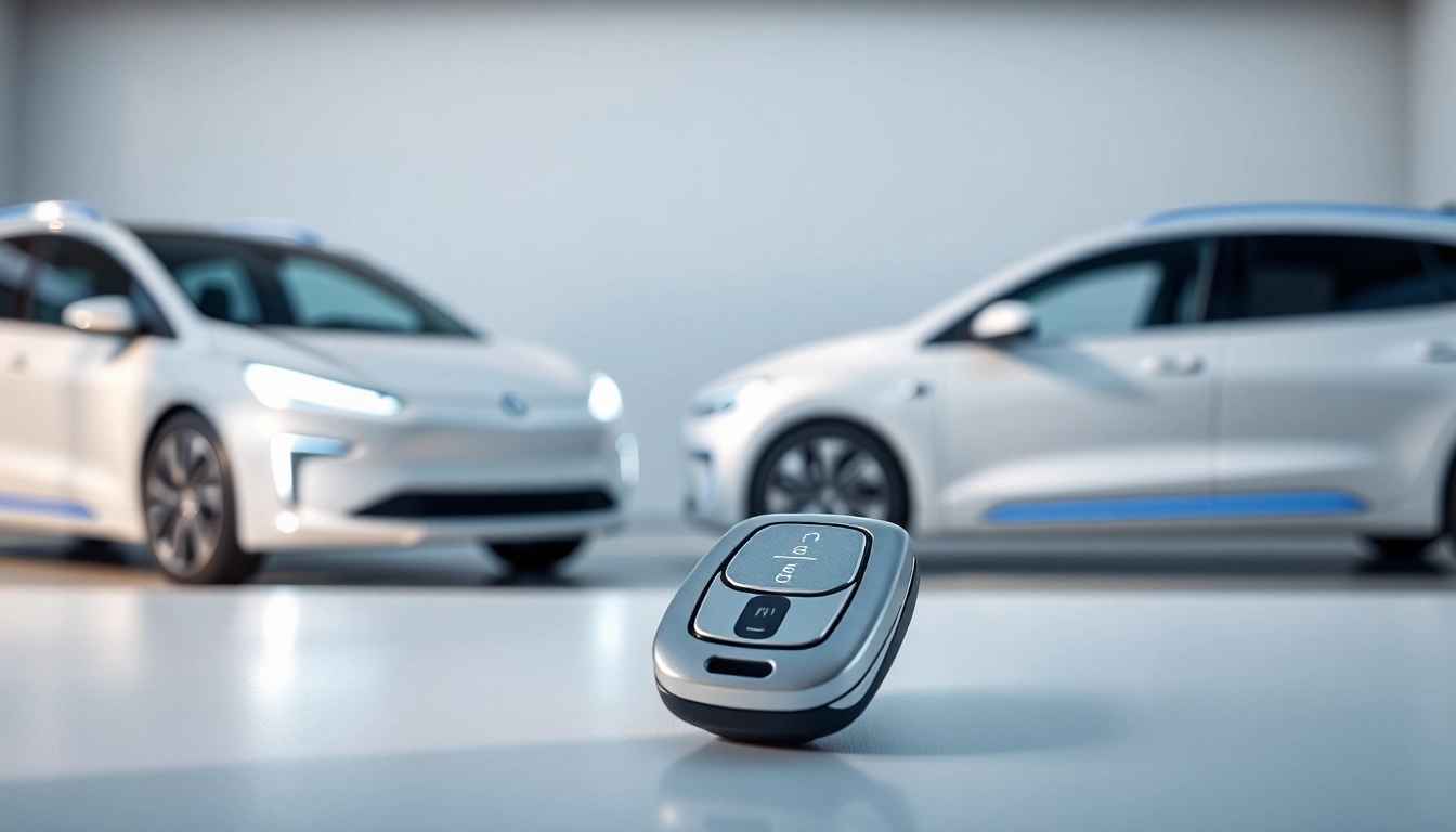 Stylish key fob for electric cars on a modern table highlighting advanced design and technology.