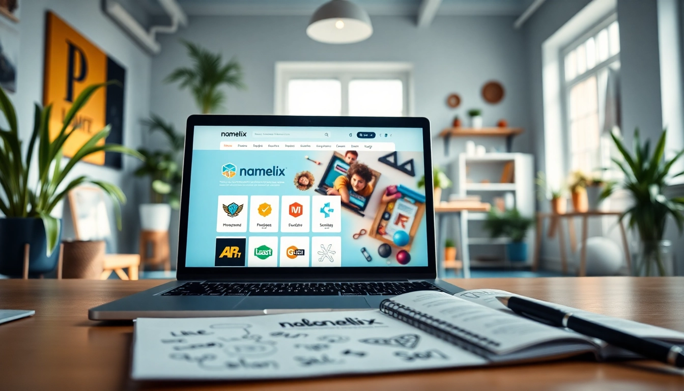 Namelix logo creation tool showcased on a laptop in a bright creative workspace.