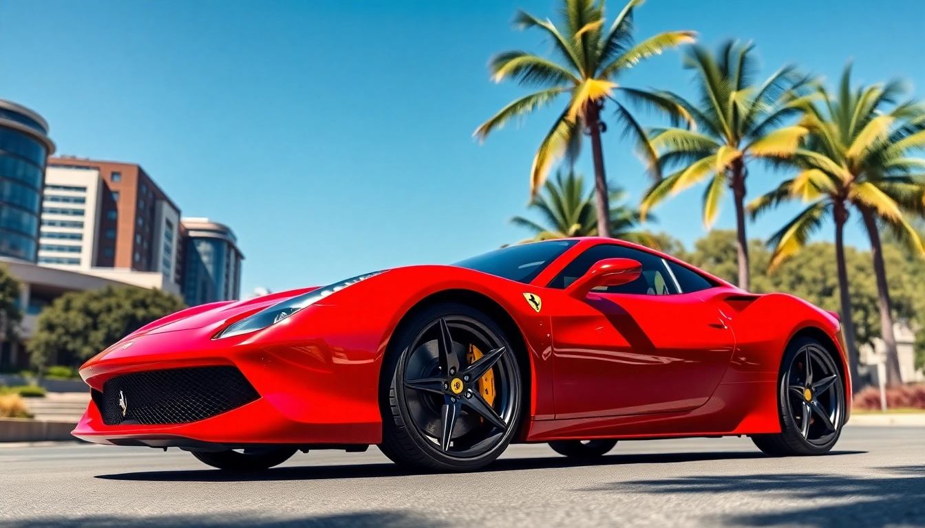 Buy used Ferrari in Gauteng featuring a stunning red Ferrari against Johannesburg's skyline