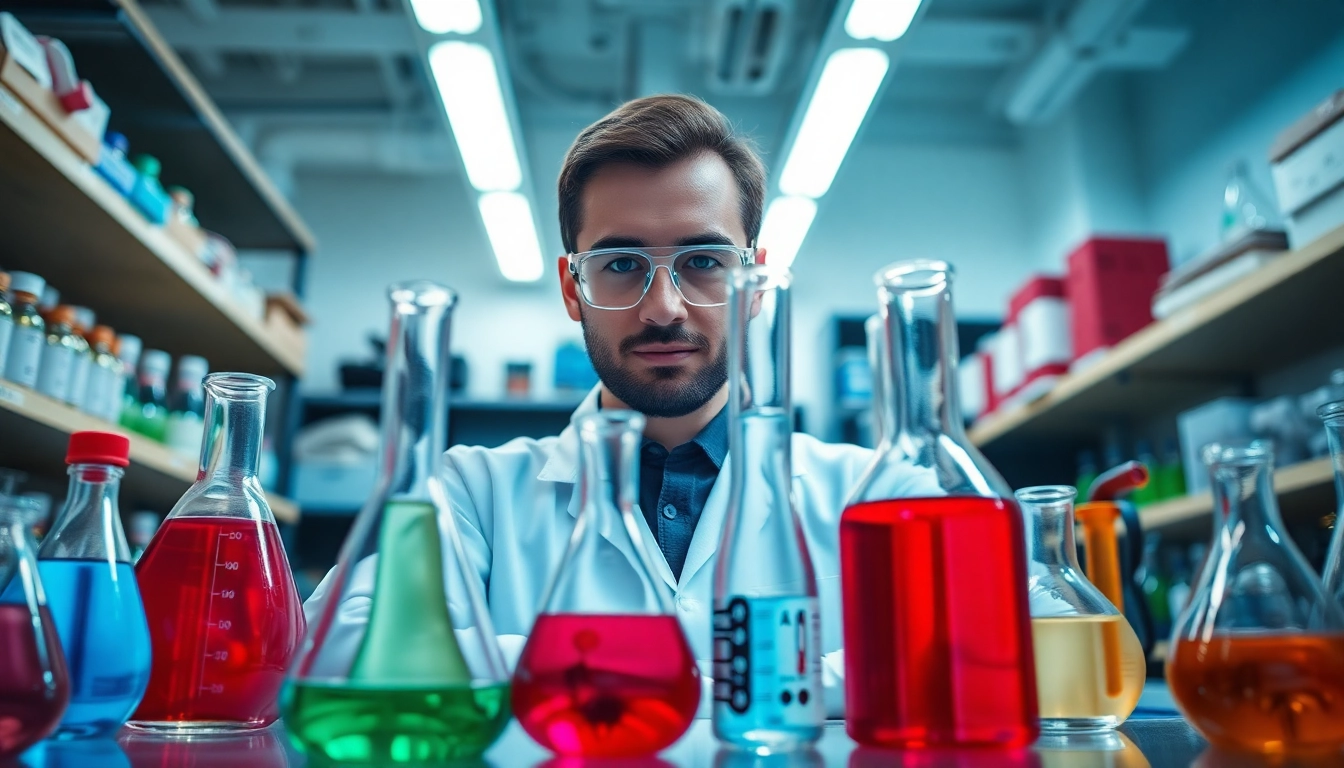 Chemicals in a vibrant laboratory showcasing glassware filled with colorful liquids for experiments.