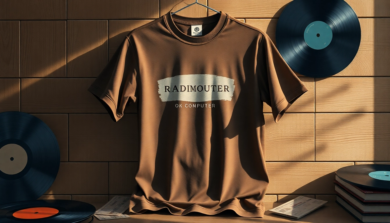 Showcasing a detailed Radiohead shirt featuring iconic album art on a rustic surface.