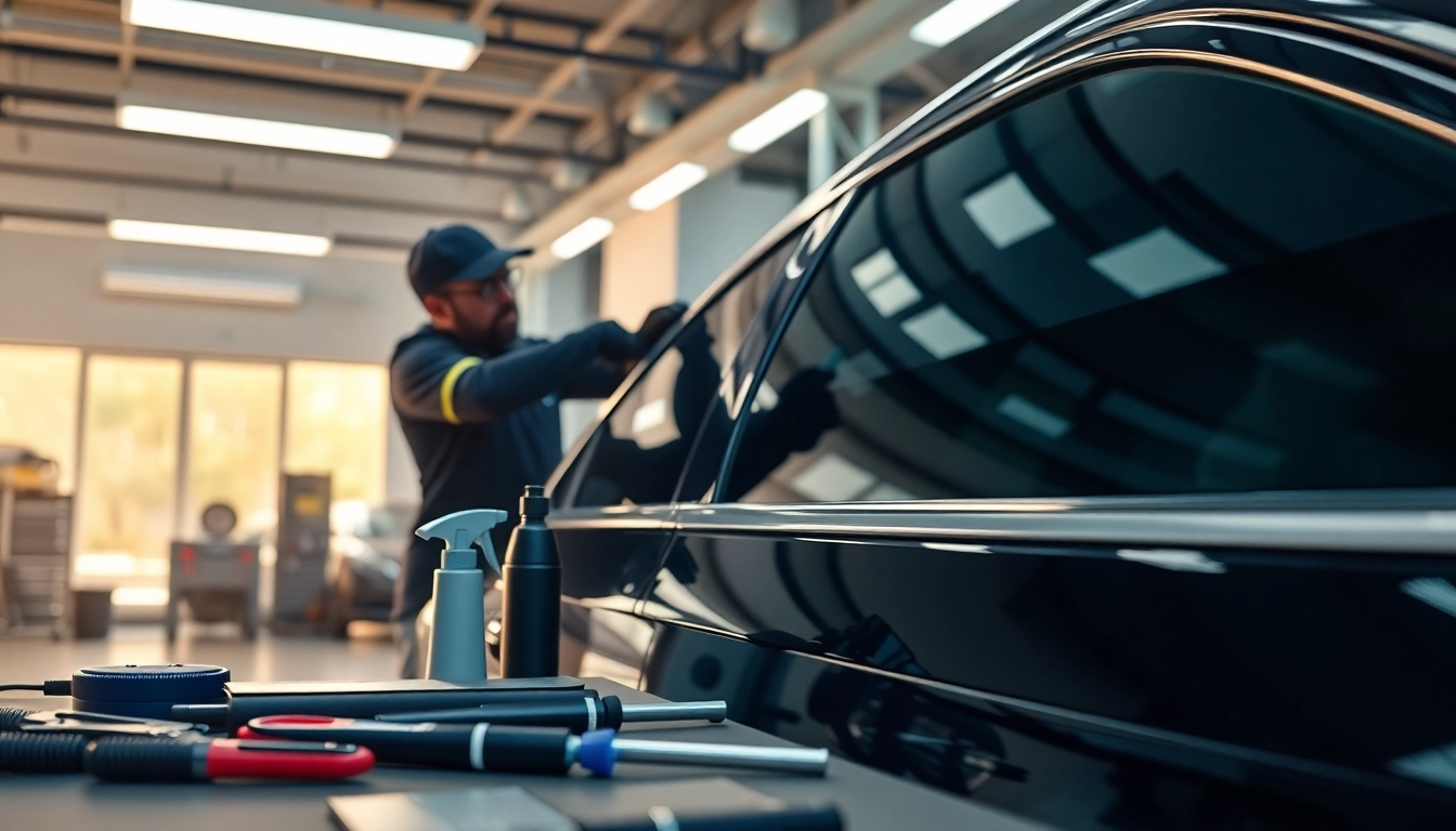 Install car window tinting on a luxury vehicle showcasing a technician’s skilled craftsmanship.