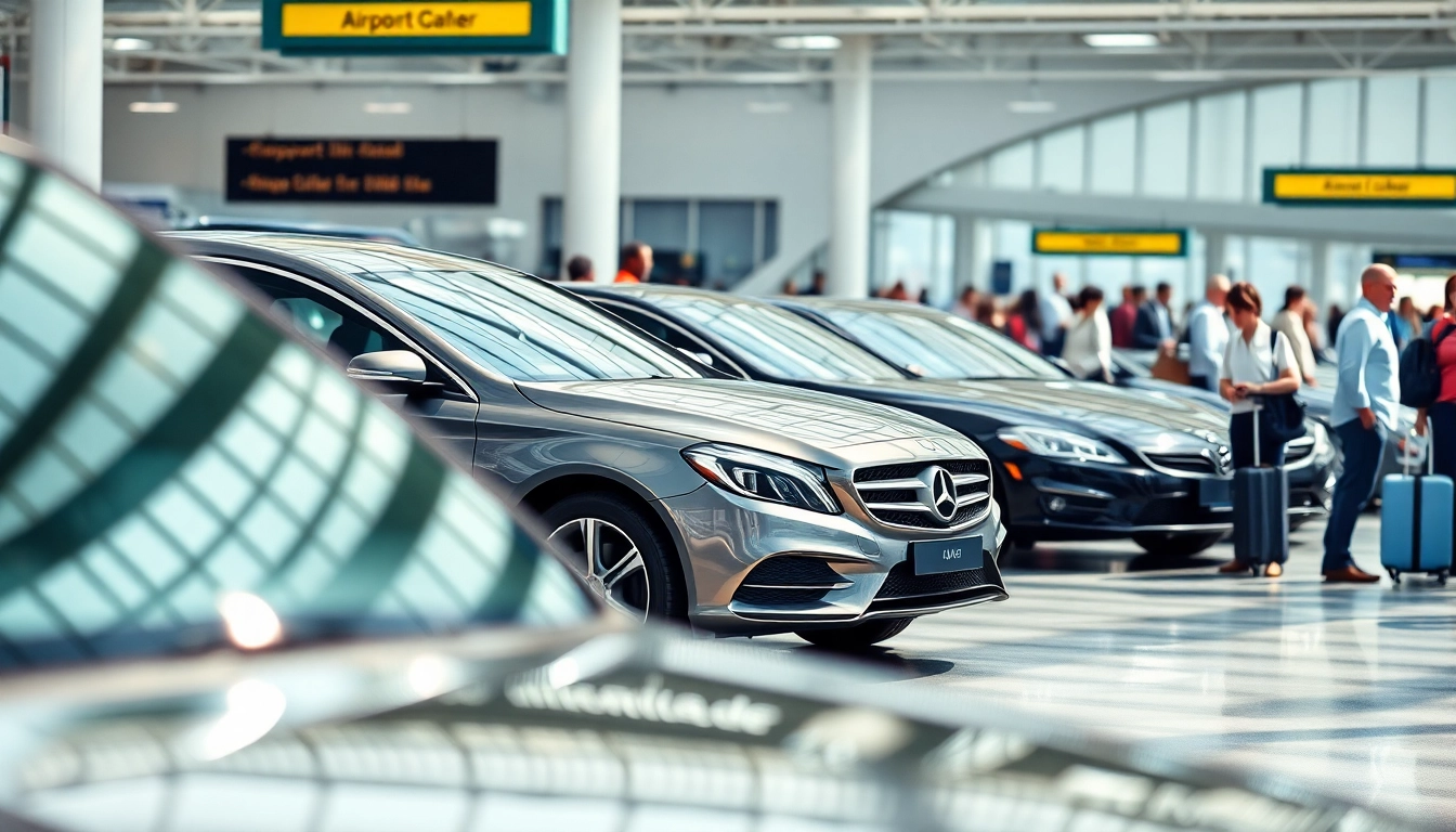 Efficient airport transfers with modern vehicles at a busy airport, emphasizing travel convenience.