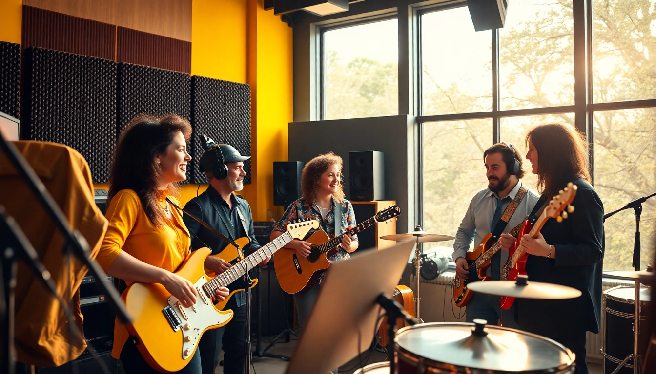 Showcasing professionals discussing effective music promotion services in a creative studio.