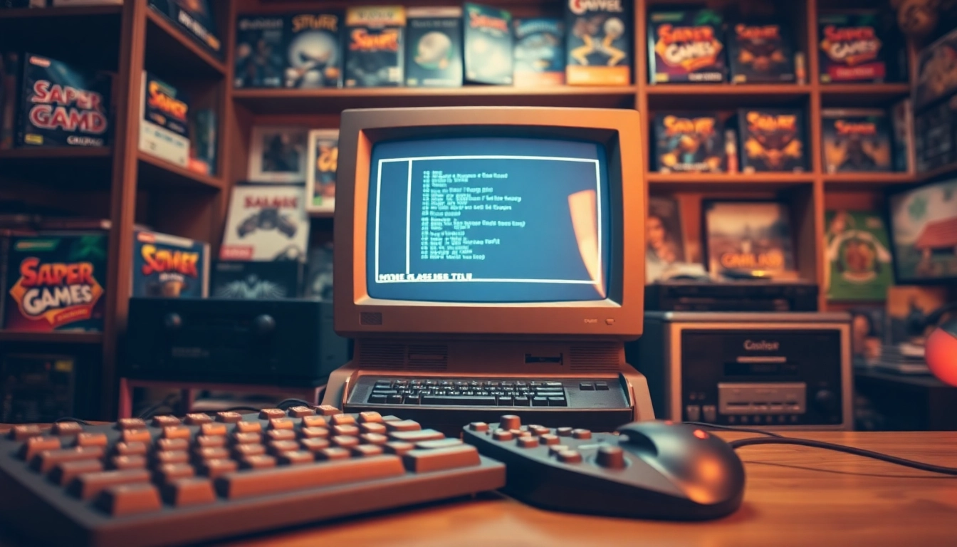 Engaging scene illustrating dos games download with retro computer and nostalgic gaming elements.