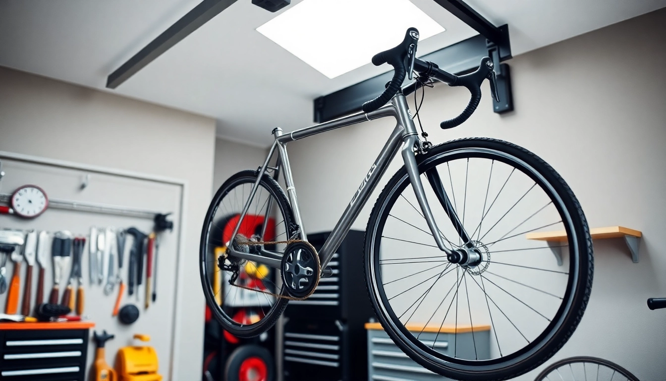 Install a bike wall mount securely in a modern garage with organized tools.