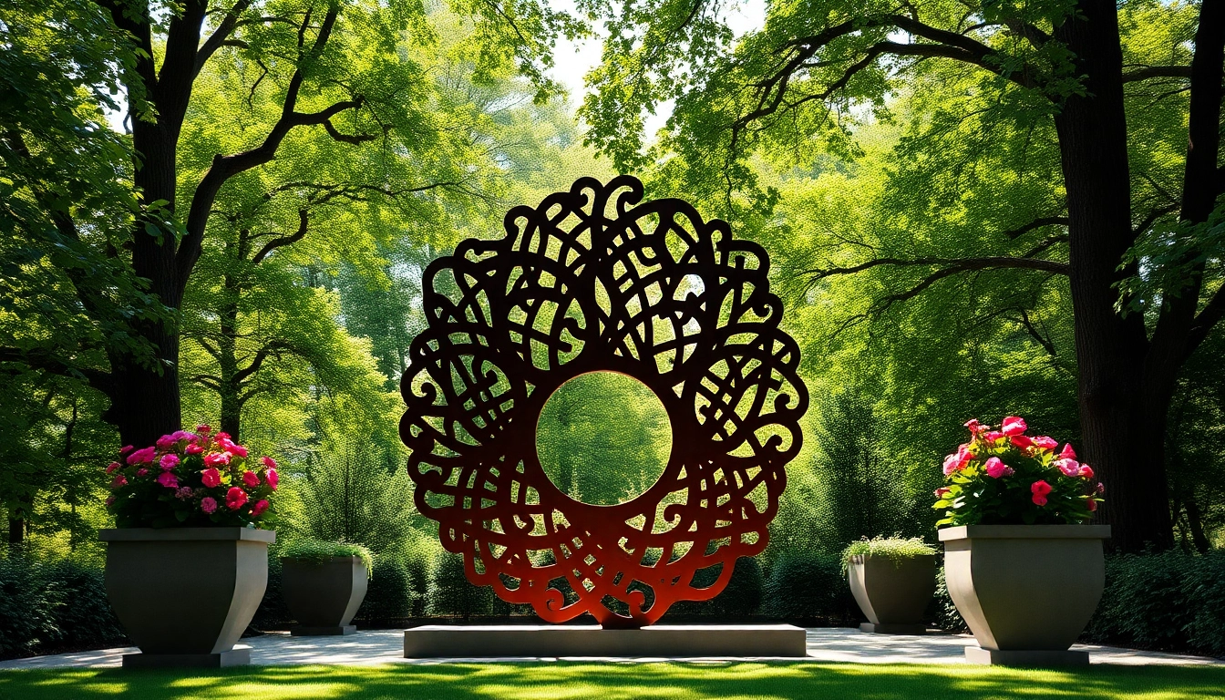 Mettre en valeur l'acier corten dans une sculpture entourée de verdure.