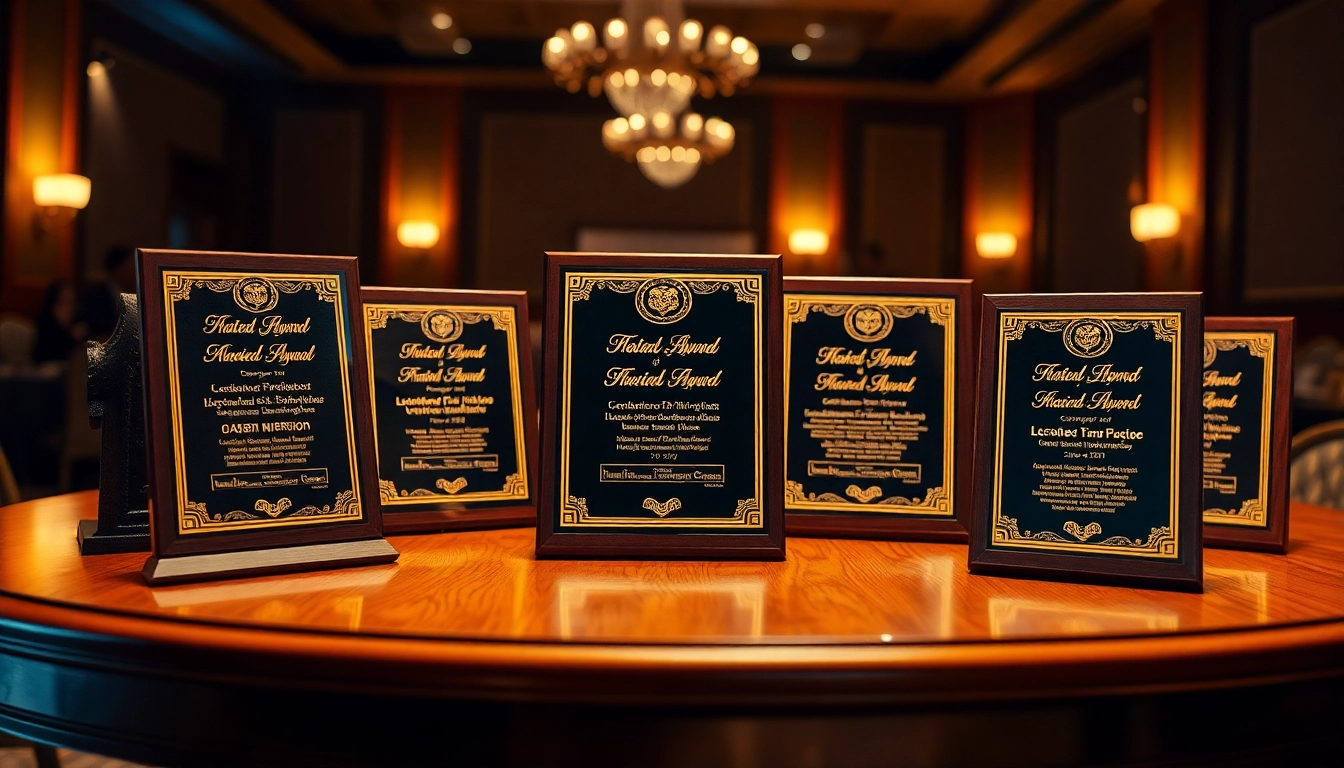 Showcasing custom award plaques with intricate designs and gold engravings on a wooden table.