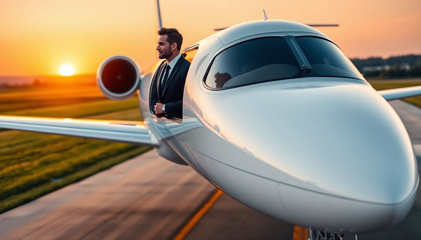 Luxury Private Jets for Rent with a stunning sunset backdrop, showcasing elegance and professionalism.