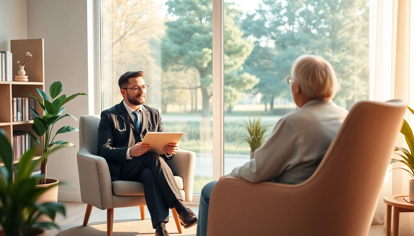 Psychiatrist consulting in a tranquil office surrounded by natural light and calming decor.