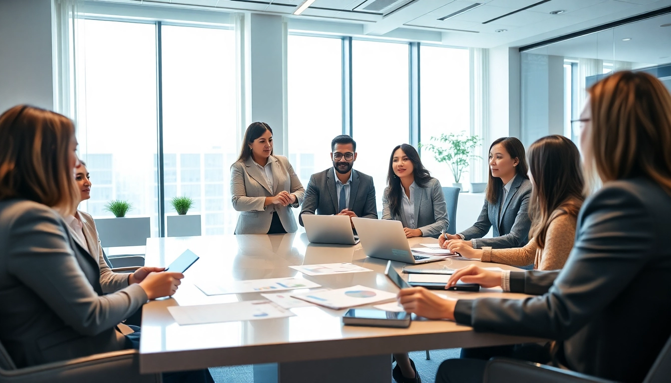 Purchasing consultant collaborating with clients in a professional office setting.