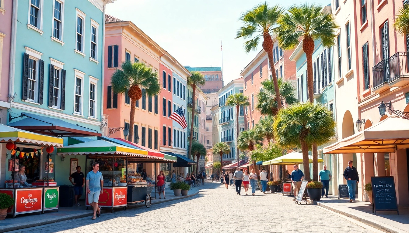 Experience the vibrant streetscapes of Charleston SC. with colorful buildings and bustling local life.