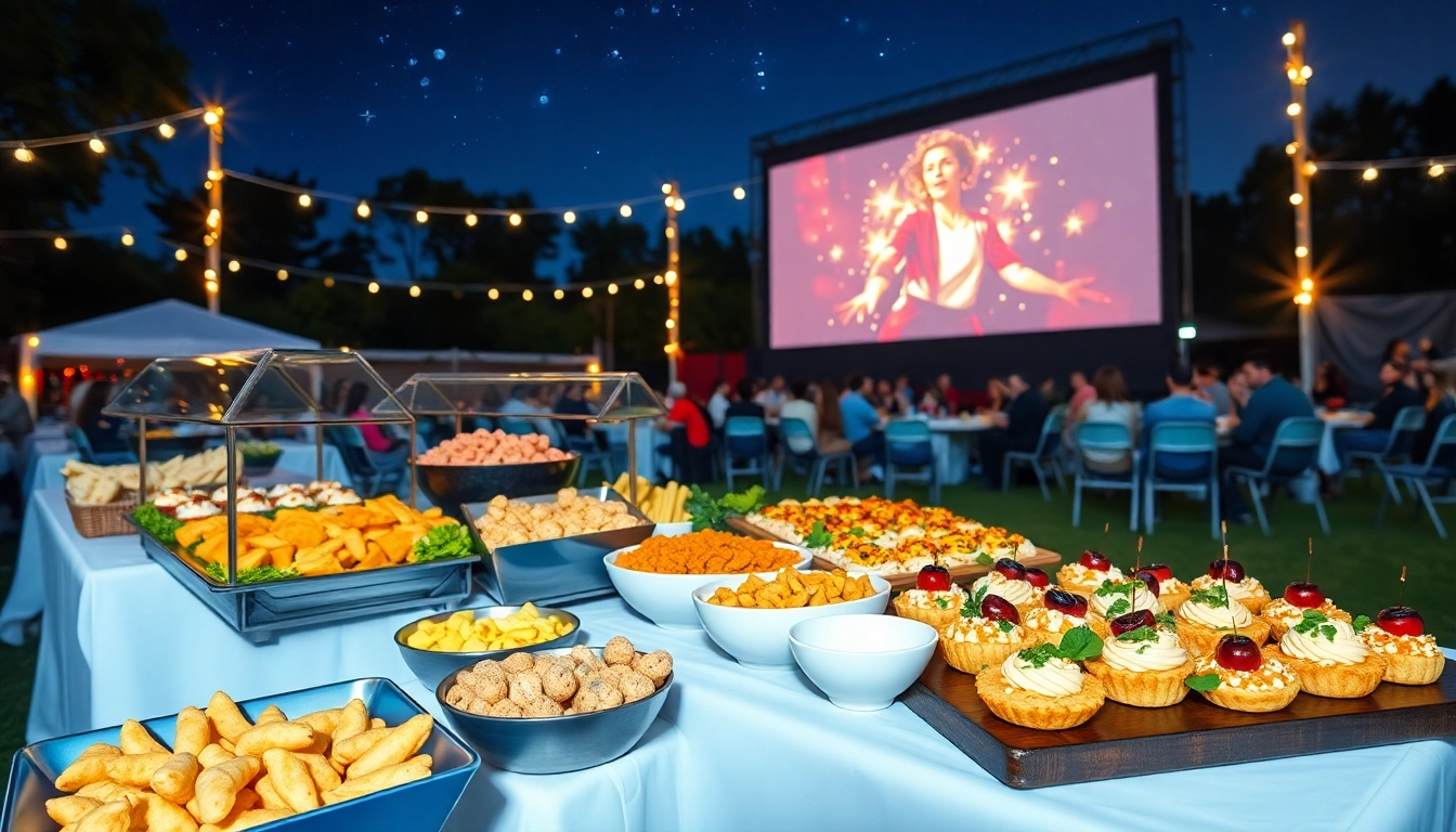 Hamilton Ontario movie catering services featuring gourmet food setup at an outdoor film screening.