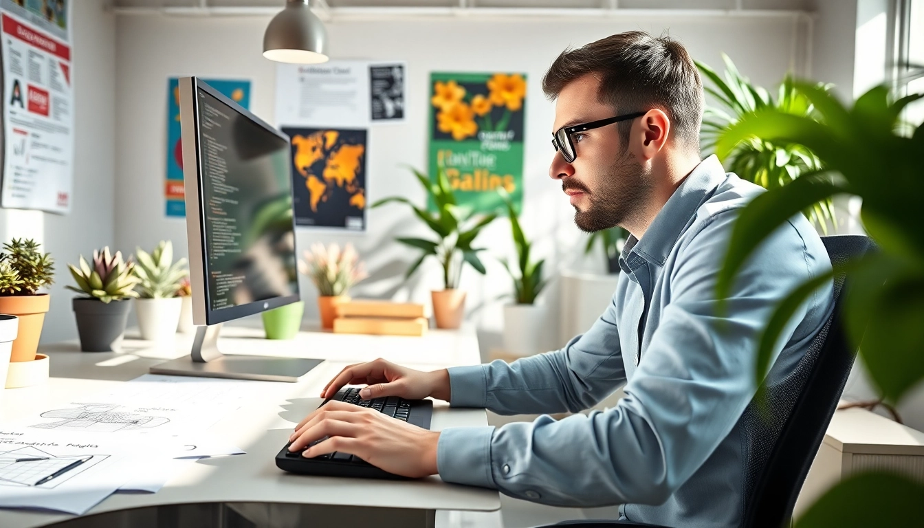 Professional WordPress developer near me creating a website in a bright office setting.