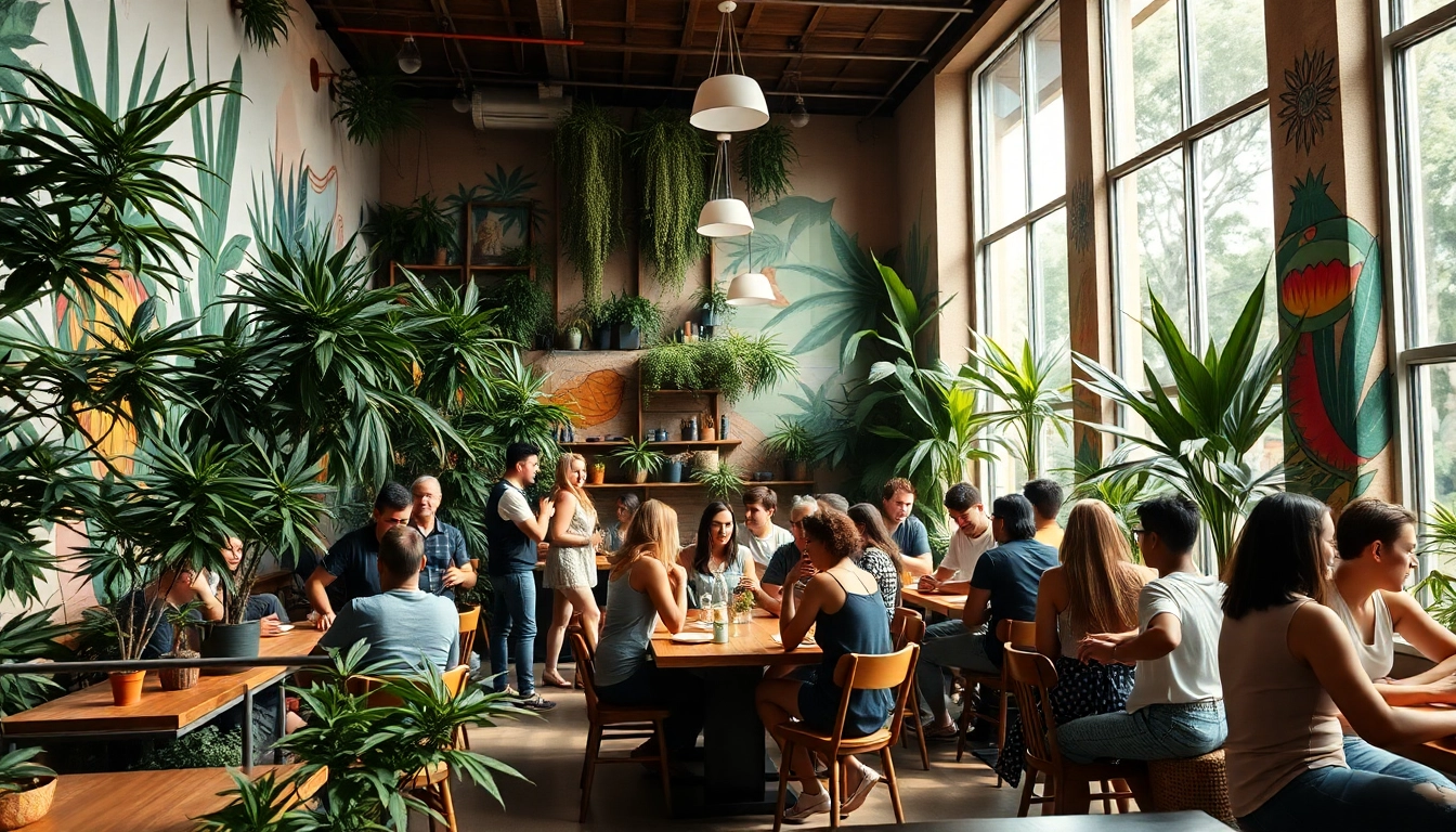 Join the vibrant atmosphere at https://cannabisbcn.com with friendly patrons in a lively cannabis social club.