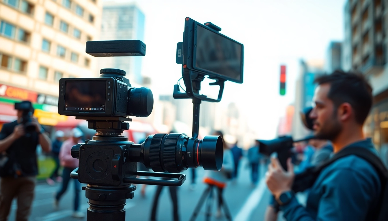 Using a camera stabilizer to capture smooth footage in a vibrant urban setting.